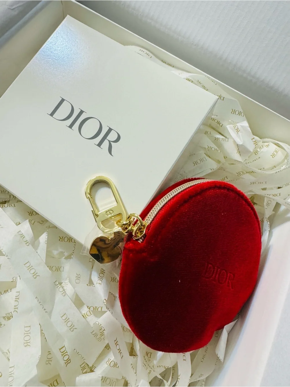 Dior Red Velvet Round Bag Charm Zip Key Pouch with Gold Hardware